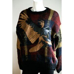 Vintage Street Scenes Patchwork Wool Leather Eagle Motif Pullover S